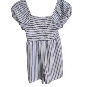 Primark Smocked Romper Girls‎ 7-8 Blue White Striped Excellent Puff Sleeve